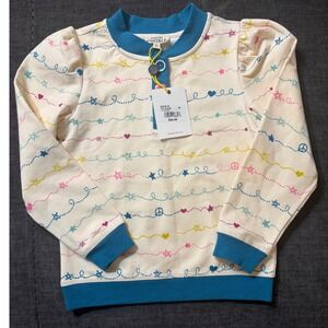 Finding Foxtale Girls Star Heart Peace Puff Sleeve Henley Sweatshirt Cream 6
